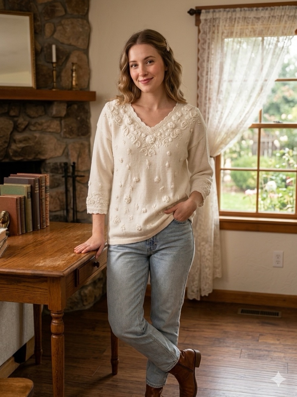 Elegant Cream V-Neck Sweater with Floral Accents